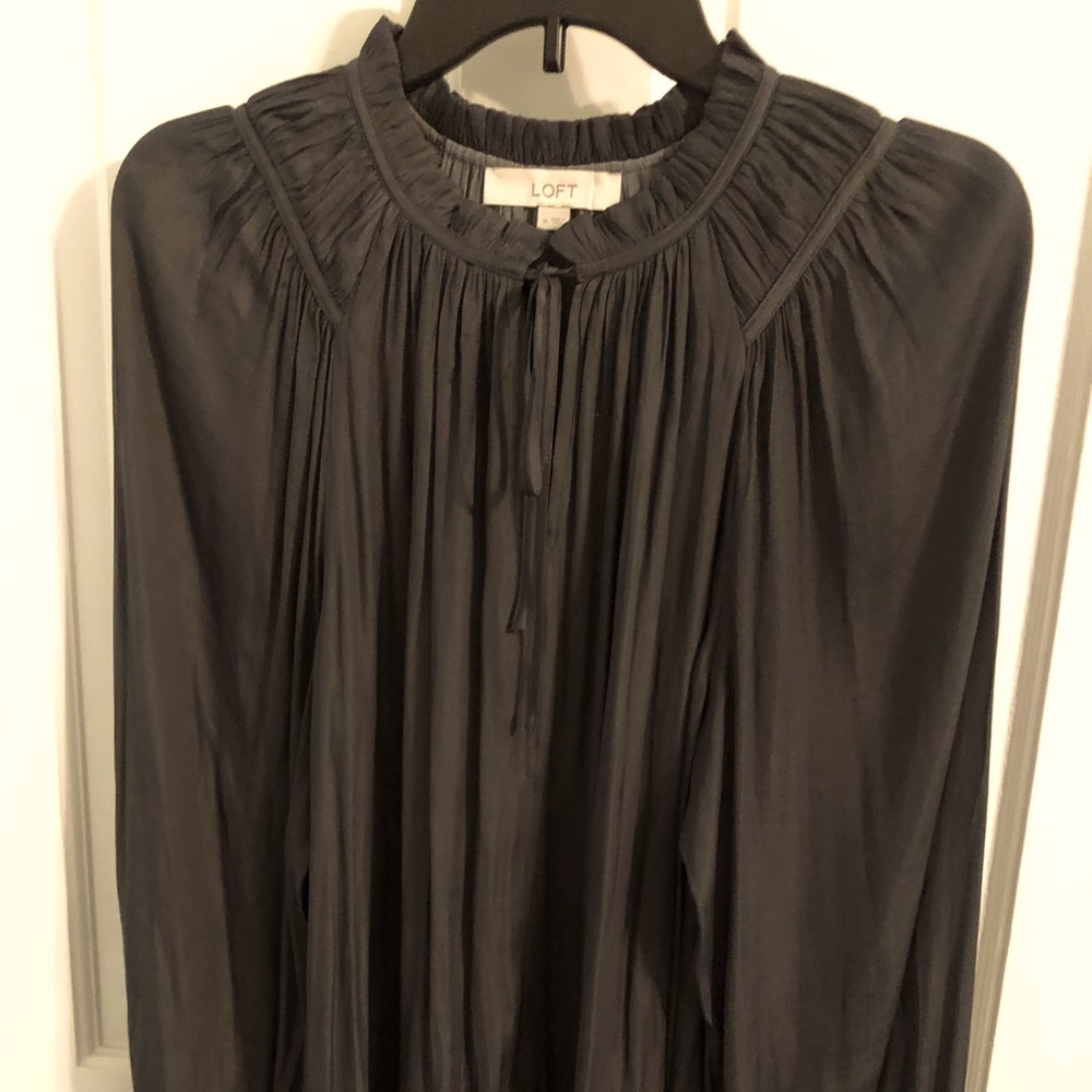 Slate blue, long sleeve, pleated blouse